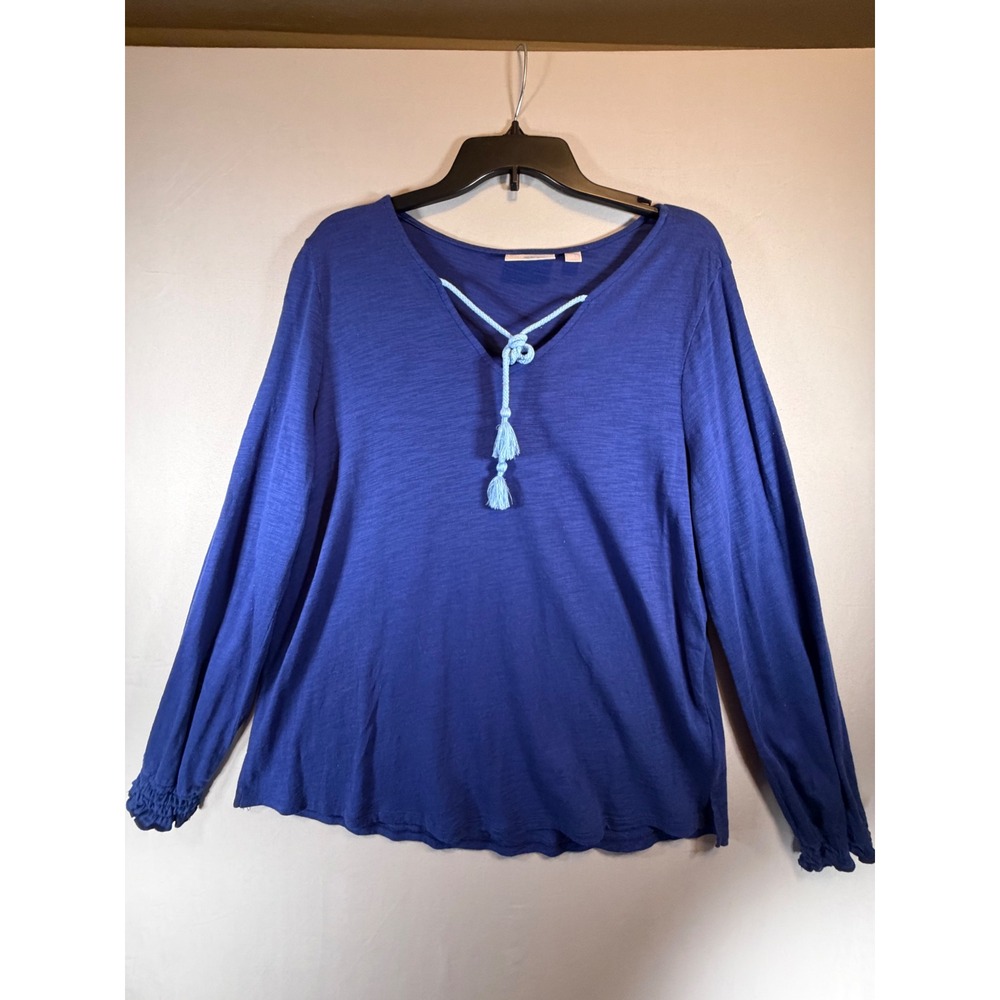 Belle Beach Kim Gravel Blue Slub Knit Tassel V-Neck Smocked Cuff Top Large